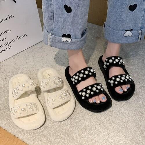 Winter Femme House Slippers Outdoor Slides Womens Warm Slipper Soft Comfort Ladies Flat Shoes Pearl Open Toe Fluffy Slippers