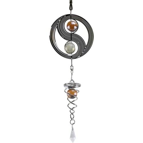 LBER 40*10CM Black Metal Wind Spinner, Hanging Wind Chime Yin Yang with Crystal Ball for Garden Home Outdoor Indoor