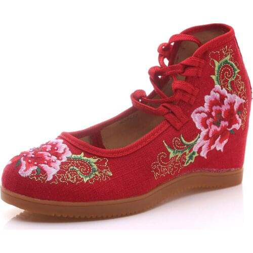 YourSeason Handmade Retro Shoes Hidden Wedge Heel Canvas Pumps Ladies Cotton Embroidery Mid Top Female Ankle Strap Casual Shoes