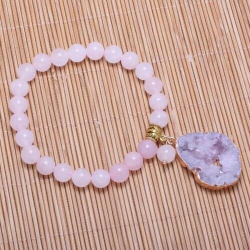 FYJS Unique Light Yellow Gold Color Irregular Shape Agates Connect Rose Pink Quartz Beads Elastic Bracelet Fashion Jewelry