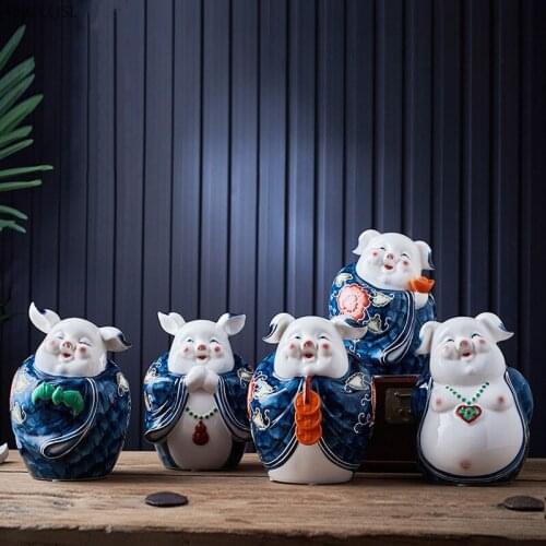 WDDSXXJSL Chinese Retro Color painting Pig Ceramic Crafts Piggy Bank Decoration Home Living Room Bedroom Ceramic Decoration