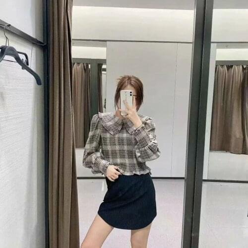 New Ladies Long Sleeve Plaid Printed Shirt Long Sleeve Elastic Top Casual Girl Youth Blouse
