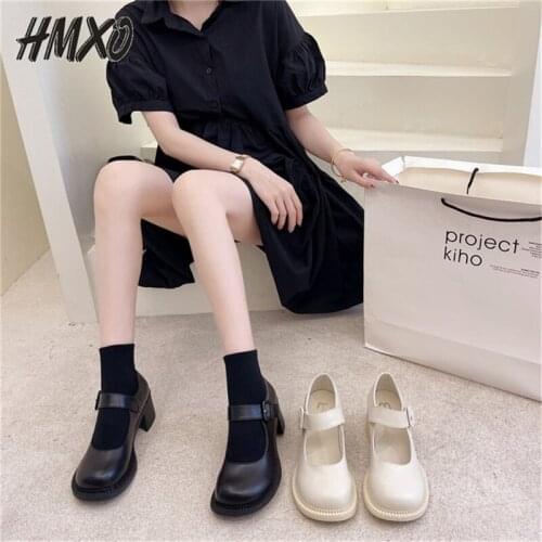 HMXO Hottie Leather Shoes Female Square Head Shallow Mouth Low Heel Mary Jane Shoes Lolita Thick Bottom Jk Uniform Women Shoes