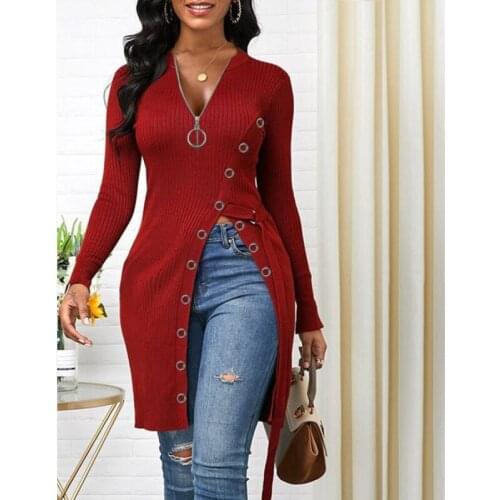 Women Spring Buttoned Slit Irregular Long Tops Shirts Autumn Long Sleeve Solid Pullover Sexy Deep V Neck Zipper Knitted Blosue