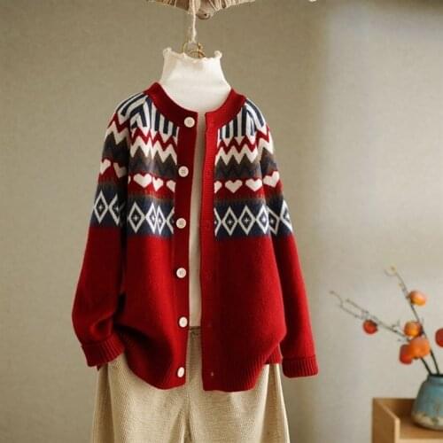 Vintage Print Cardigan Women Clothes 2021 Autumn Winter Streetwear Harajuku Outerwear Pull Femme Hiver Knitted Sweater