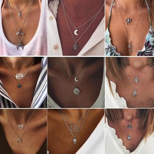Bohemian Multilayer Silver Color Moon Heart Pendants Necklaces for Women Vintage Leaf Round Charm Chokers Necklace Party Jewelry