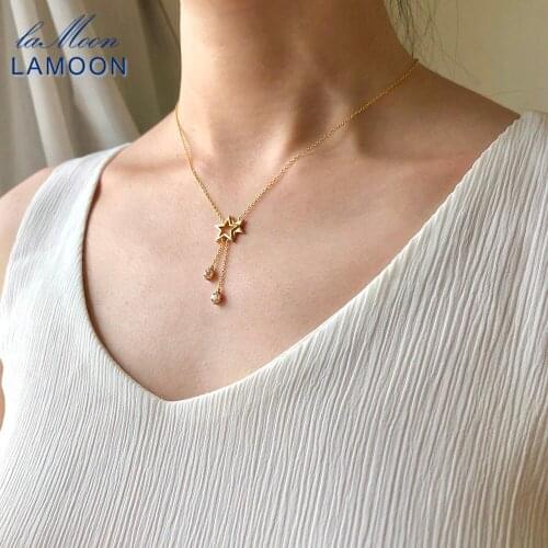 LAMOON 925 Sterling Silver Necklace Clear Topaz Gemstone Shooting Star Tassel Pendant 14K Gold Plated Fine Jewelry LMNI099