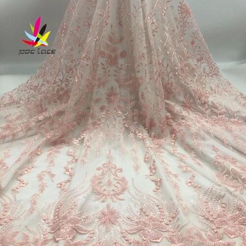2020 Peach Beads French Net Lace Fabric 3D fFower African Tulle Mesh Lace Fabric High Quality African Handmade Beads