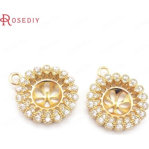 40100)6PCS 19x22MM 24K Champagne Gold Color Brass and Zircon with Pearl Beads Base Round Flower Charms Pendants Making Supplies