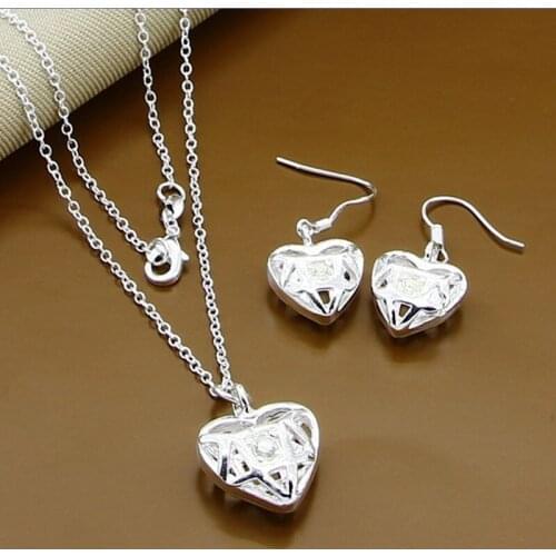 925 Sterling Silver Hollow AAA Zircon Heart Pendant Necklace Earring Set For Woman Wedding Engagement Jewelry