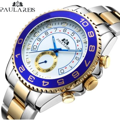 Automatic Self Wind Mechanical Stainless Steel Strap Casual Yellow Gold Silver Blue Bezel Master Business Men Watch