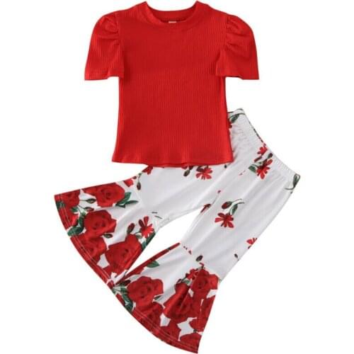 1-6 Years Toddler Kid Baby Girl Outfit Solid Red T-Shirt Top + Floral Print Long Pants Sets Girls Clothes Student Suits