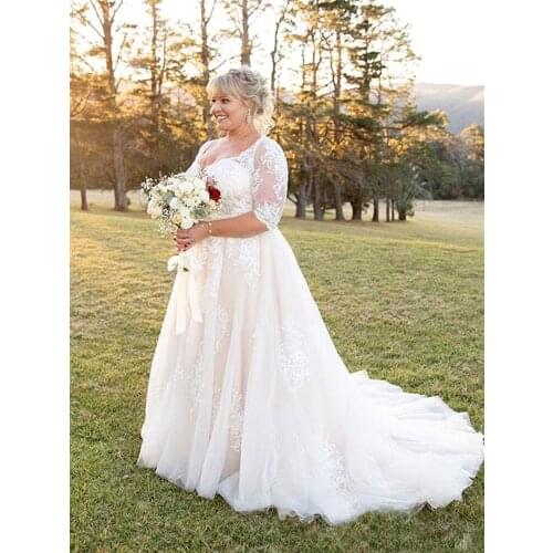 GY Bohemian Lace Half Sleeve Scoop Neck A Line Boho Garden Wedding Vestido De Novia Bridal Gown Plus Size Wedding Dresses