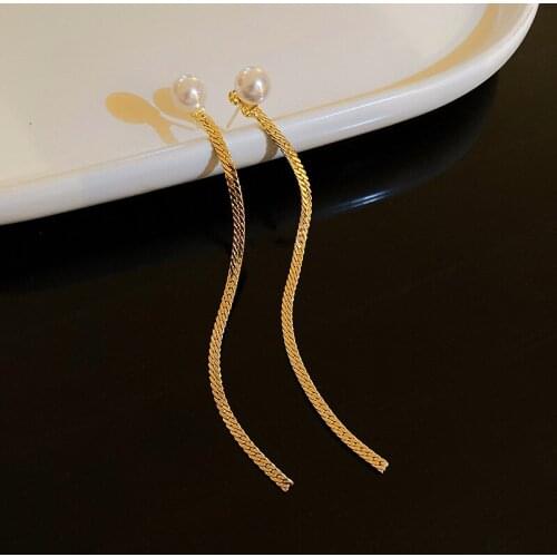 Fine Chic Metal Tassel Chain Ladies Temperament Drop Earrings Korean Fashion Imitation Pearl Dangle Brincos bijoux For Women