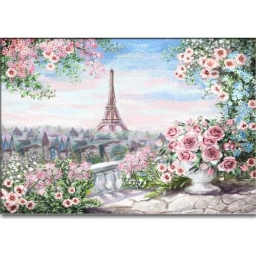 Tower Flower Balcony Diamond Painting Set, Rhinestone Embroidered Pink Rose Flower Picture, Mosaic Beautiful Landscape Art Mural
