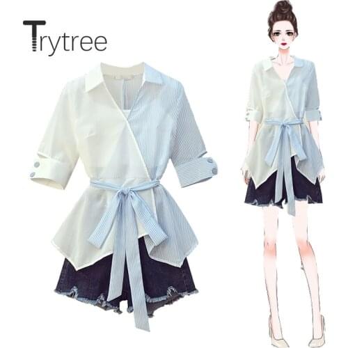 Trytree 2020 Summer Women Three piece sets Casual V-neck Patchwork Stripe Tops + Cowboy Shorts High Waist Tassel Set 3 Piece Set