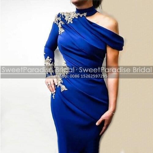 Royal Blue Satin Evening Dresses With Appliques Beads One Long Sleeves High Neck Women Sheath Formal Evening Dress Party Gown