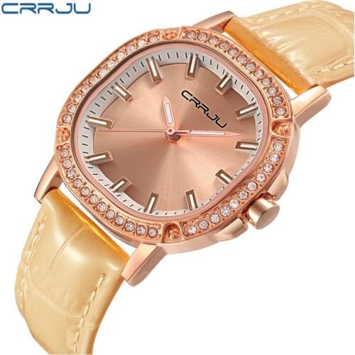CRRJU 2132 Fashion Quartz Watches Women Leather Watch Crystal Bracelet Wristwatch Luxury