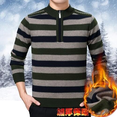 Man Zipper Thicken Sweater Winter Fashion Patchwork Colors Stripes Sweaters Male Mock Neck Jumper Long Sleeved
