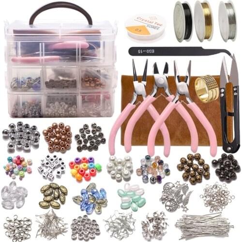 DIY Necklace Bracelet Earrings Jewelry Making Supplies Kit with Assorted Beads Charms Findings Wire Cord Pliers