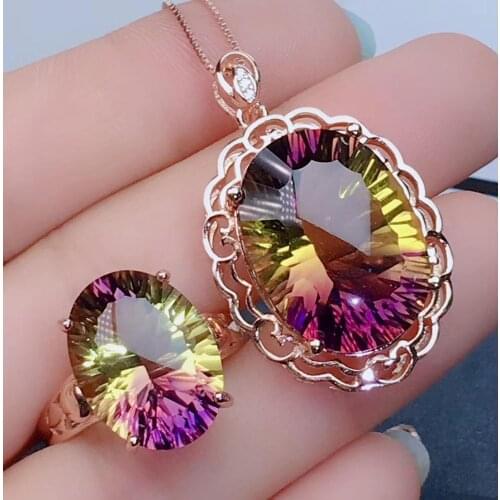 Natural Ametrine Quartz Purple Yellow Faceted Gemstone Women Pendant 20x15mm Ring 16x12mm Rare Gift One Set Certificate AAAAAA