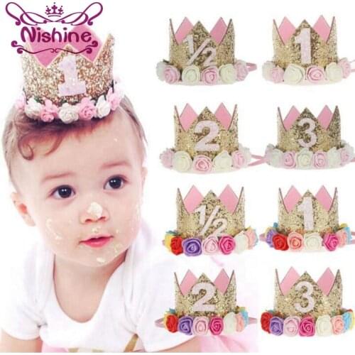 Nishine Flower Crown Newborn Headband Gold Birthday Crown Tiara Rose Flower Hairband Girls Party Headwear Hair Bands