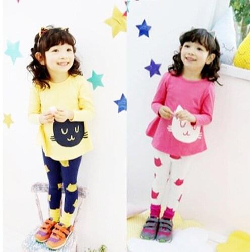New Spring girl clothes sets nice Pure cotton Long Sleeve Cartoon Cat kids baby T shirt+pant Suit Two piece Childrens clothing