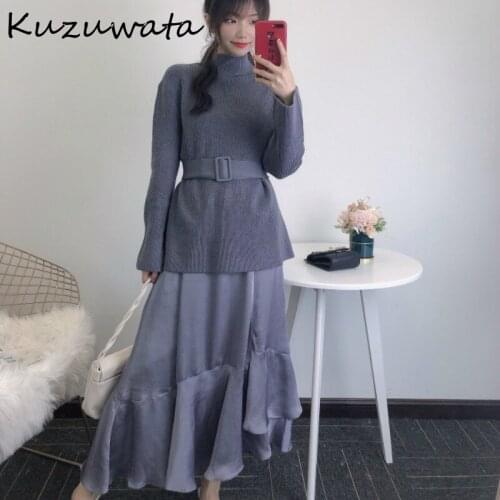 Kuzuwata New Solid Suit Half High Collar Drawstring Slim Waist Sweaters + Chic Irregular Design Skirts Elegant 2 Pcs Women Set