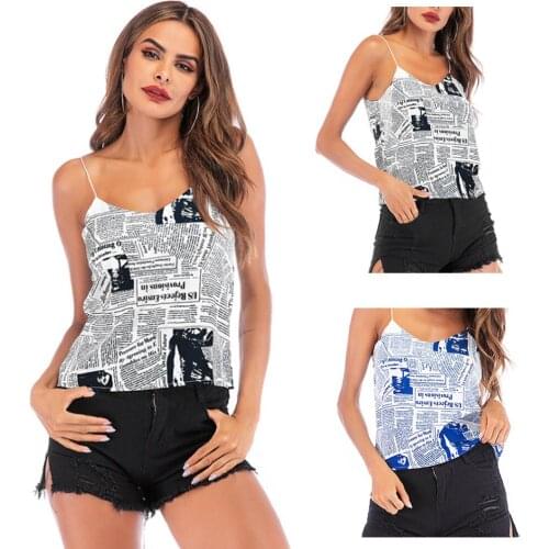 Vintage Newspaper Print Spaghetti Sleeveless Shirt Women Loose Casual V Neck Fashion Trendy Strap Camisole High Street Tank Tops