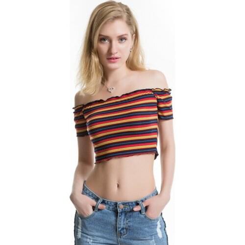 Sexy Short-Sleeved T-Shirt Female Striped One-Neck Short Jacket Fashion Exposed Navel Round Neck Fungus Summer Slim Clothes