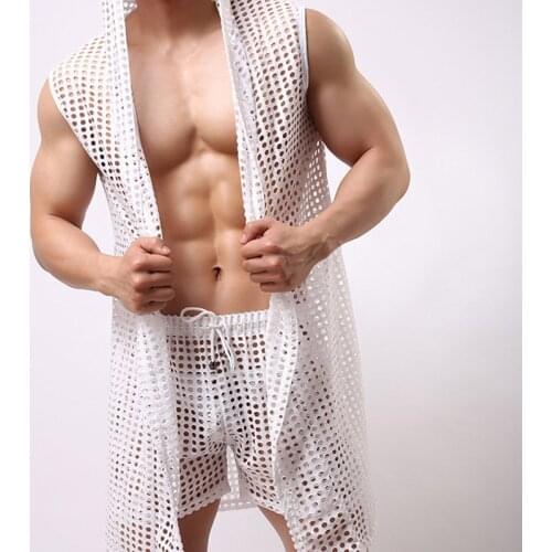 Sexy Men Undershirts Hooded Bathrobe Long Nightgowns Boxer Shorts Fishnet Sleepwear Transparent Nightwear Singlet Gay Underwear