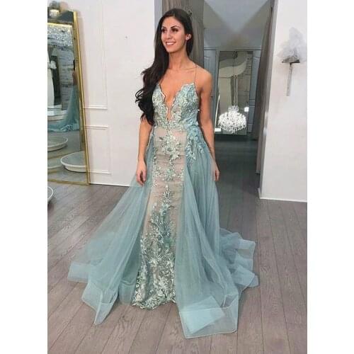 Sexy Backless Lace-up Applique V-neck Evening Gown Spaghetti Strap Mermaid Sweep Train Prom Dress 2021 robe de soirée de mariage