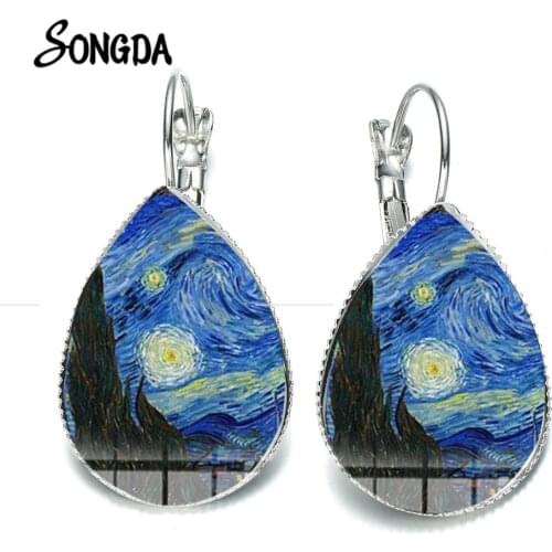 Classic Van Gogh Painting Earring Sunflower Famous Starry Night Art Picture Bronze Color Water Drop Women Charm Earrings