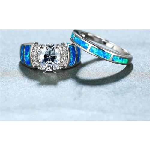Vintage Female Blue Opal Big Ring Classic Silver Color Engagement Rings For Women Luxury White Oval Crystal Wedding Ring Set