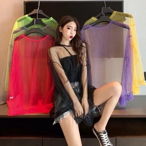 Women T-Shirt Sexy Perspective Mesh long Out Lace long Sleeve O-Neck Casual See-through Transparent Crop Sunscreen Tops LN107