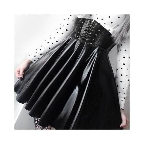 Gothic Harajuku Faux Leather Cross Lace Up High Waist Black Mini Pleated Skirt 2019 Spring Party Pu Skirts Womens