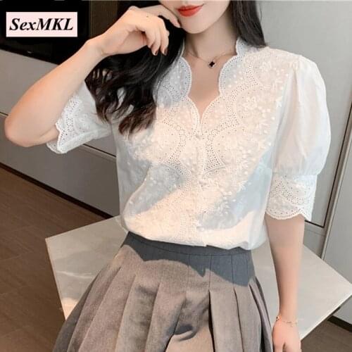 2021 Summer White Short Sleeve Blouses Women Tops Casual Sweet V Neck Chiffon Shirts Office Korean Fashion Clothing Y2k Blusas