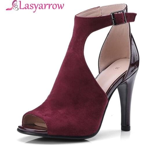 Lasyarrow Brand Shoes Woman High Quality Flock Leather Bootie Sandals Ankle Strap Cut Outs Gladiator Shoes Peep Toe Shoes Woman