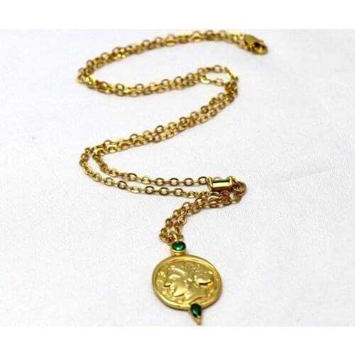 Women chain medal green zircon necklace goddess embossed pattern chain choker