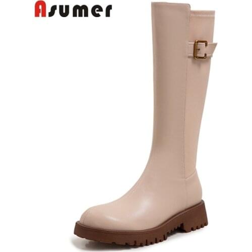 Asumer New Arrival Hot Sale Cowhide Shoes Zipper Buckle Knee High Boots Thick Heels Platform Spring Autumn Fashion Ladies Boots