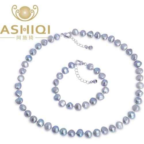 ASHIQI Real Natural Baroque Pearl Jewelry Sets Gary Black Necklace Bracelet For Women New Arrival