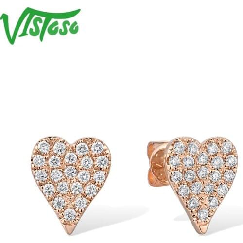 VISTOSO Gold Earrings For Women 14K 585 Rose Gold Sparkling Diamond Cute Dainty Heart Stud Earrings Fashion Trendy Fine Jewelry