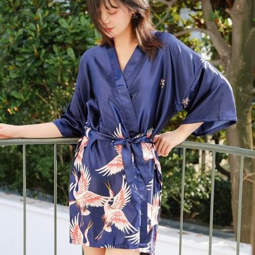 Imitation Silk Bathrobe Women Summer Sleepwear Thin Homewear With Belt Half-Sleeve Mini Bath Robe Printed Nightwear