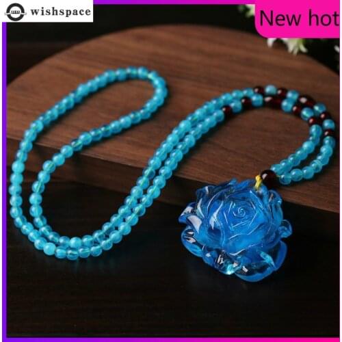 Wishspace national style long Resin Lotus pendant sweater chain fashionable women sea blue long necklace string beads necklaces