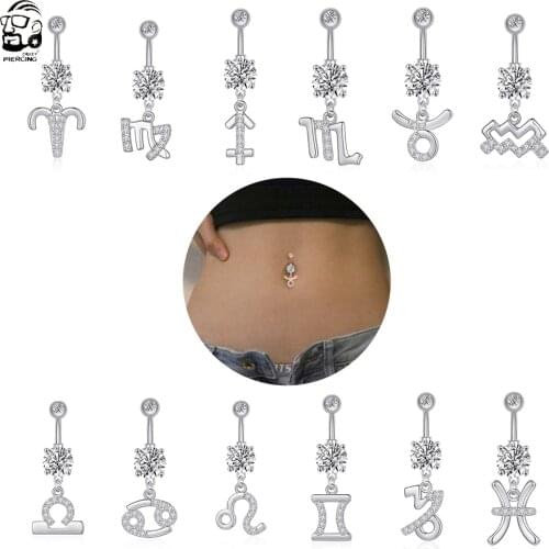 12 Constellation Piercing Navel Belly Ring Steel CZ Belly Button Rings Barbell Bar Dangled Ombligo Oreja Women Body Jewelry 14g