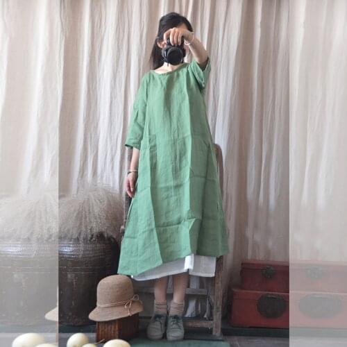 Women Summer Ramie Loose Solid Color Dress Retro ladies Casual Dress Female Vintage Dresses 2018