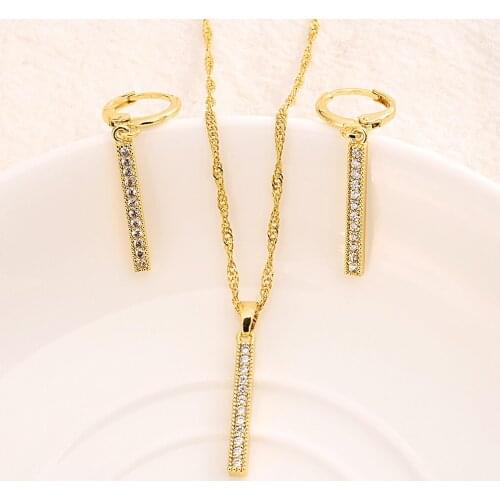 Gold cz stone geometry Pendant Necklace chain Earrings sets Jewelry Gold Christian jewelry sets for women girl Best Gifts