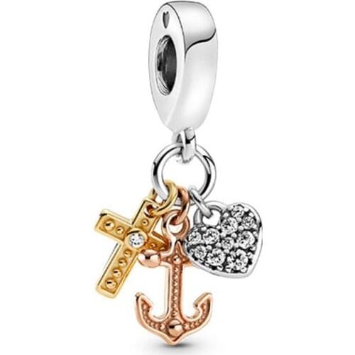 100% S925 Silver New Cross Love And Anchor Fashion PAN Pendant Suitable For Original Pandora Bracelet Female Diy Charm Jewelry