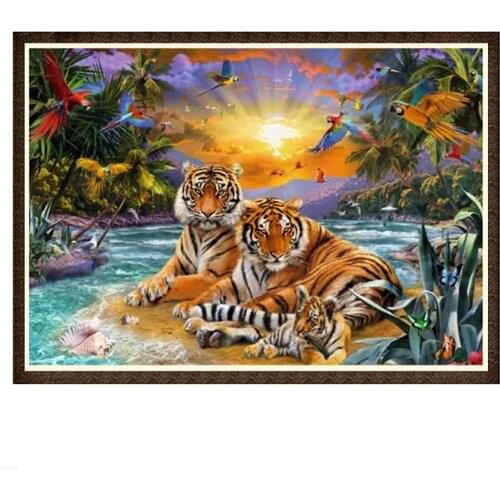 Full Round Drill 5D DIY Diamond Painting 'Tiger Family" Sunrise Embroidery 3D Cross Stitch Animal Home Decor Craft Arts 1