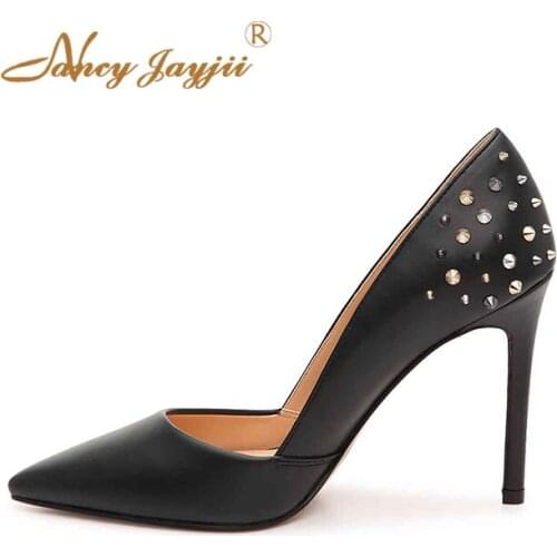 Rivet Pointed Toe Black Asakuchi Stilleto Pumps Basic Single Party Office Ladies Sexy Funky Shoes Size 14 15 16 NANCYJAYJII